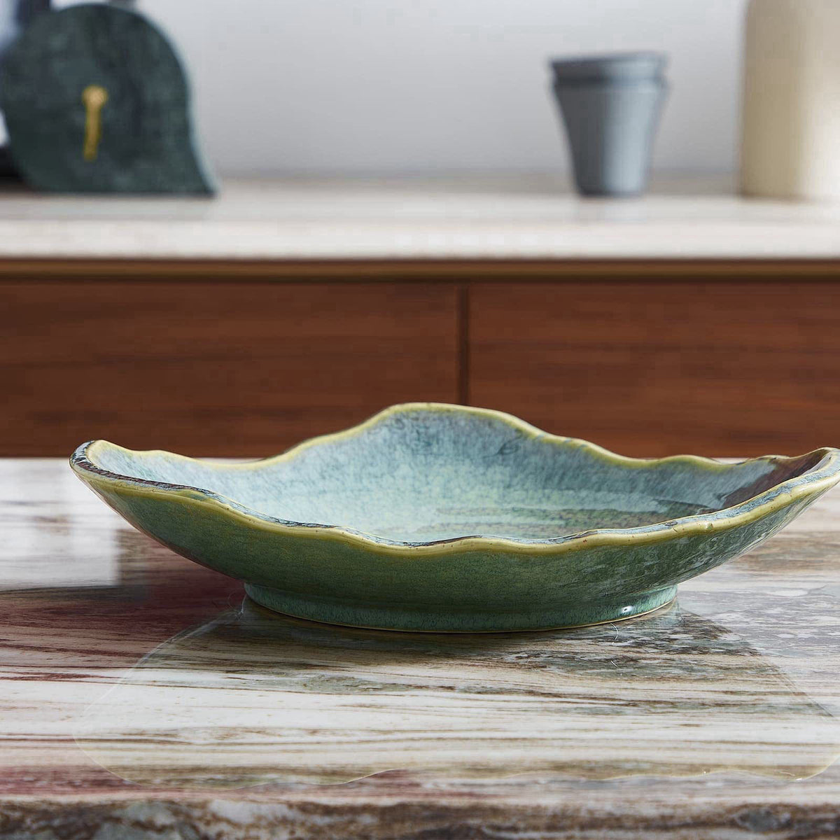 VOMANA Large Ceramic Decorative Bowl, 12" Dish, Green Reactive Glaze – alternate angle