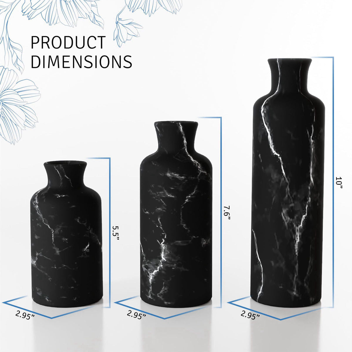Creative Scents Black Marble Look 3pc Vase Set – Boho Vases for Decor, Modern Vases for Holding Pampas Grass, Dried/Fres