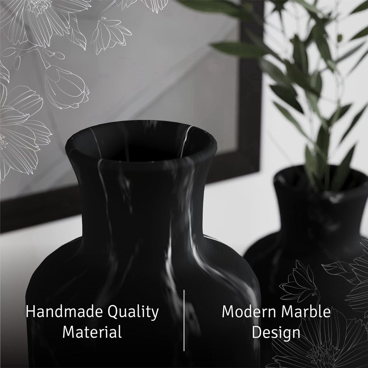 Creative Scents Black Marble Look 3pc Vase Set – Boho Vases for Decor, Modern Vases for Holding Pampas Grass, Dried/Fres