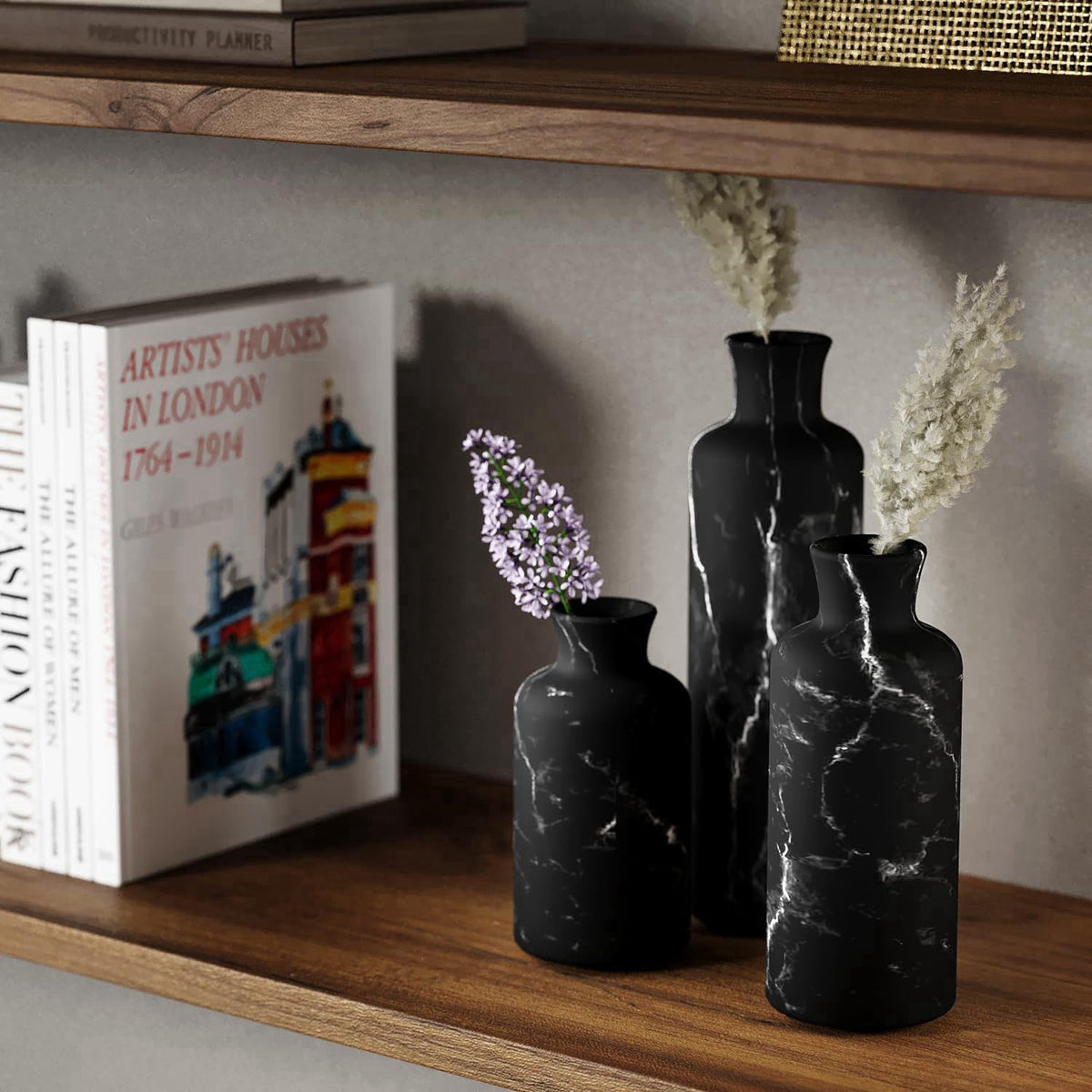 Creative Scents Black Marble Look 3pc Vase Set – Boho Vases for Decor, Modern Vases for Holding Pampas Grass, Dried/Fres