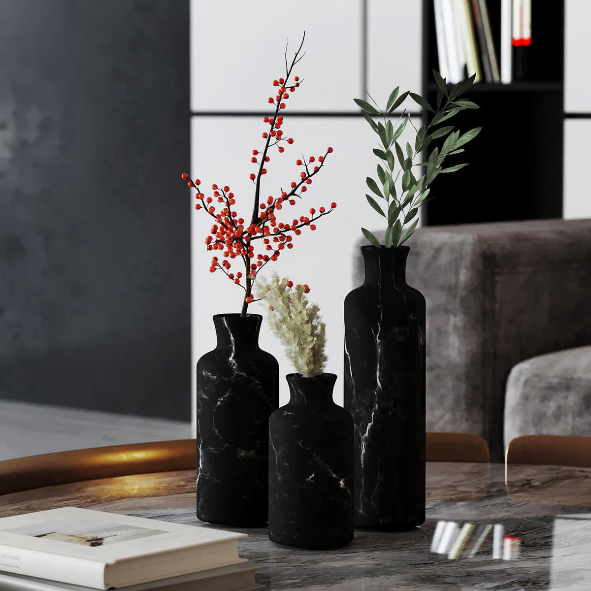 Creative Scents Black Marble Look 3pc Vase Set – Boho Vases for Decor, Modern Vases for Holding Pampas Grass, Dried/Fres