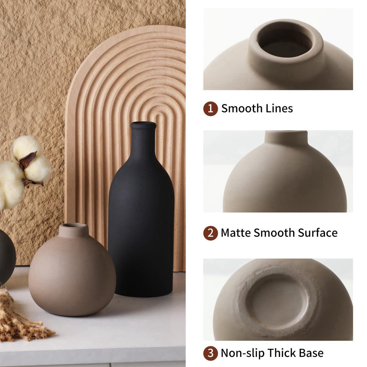 ooit Ceramic Vase Set of 3, Vases Home Decor Rustic Farmhouse Decor Pottery Vases for Bouquet Pampas Grass Dried Fresh F