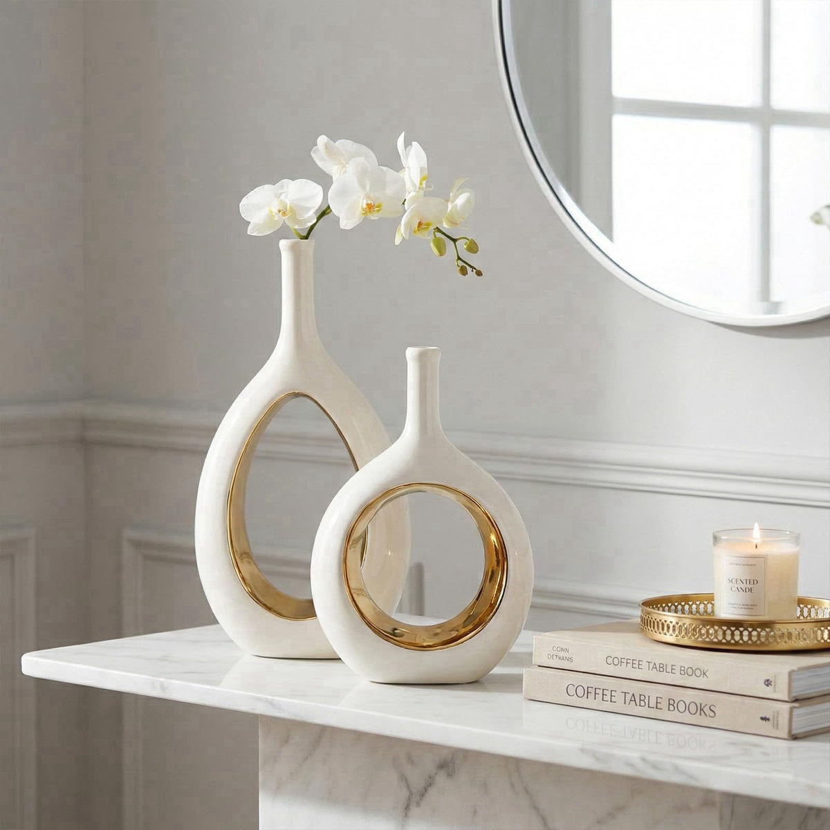 LCCCK White and Gold Vase Ceramic White Vases Home Decor,Modern Minimalist Circle with Hole Decorative Vase, Hollow Elli