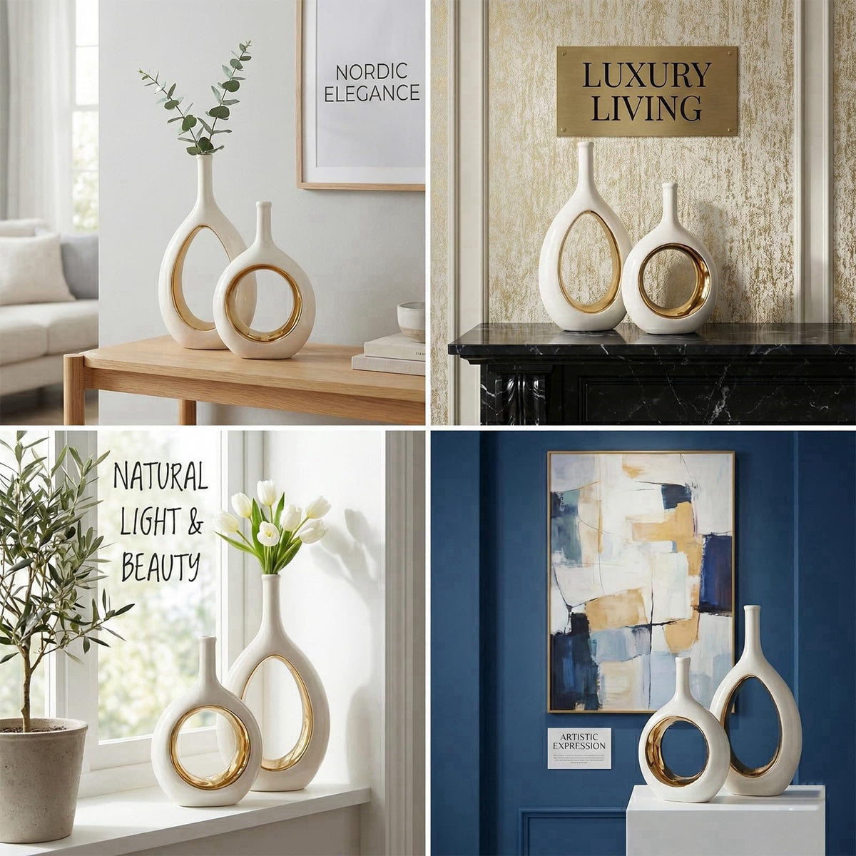 LCCCK White and Gold Vase Ceramic White Vases Home Decor,Modern Minimalist Circle with Hole Decorative Vase, Hollow Elli
