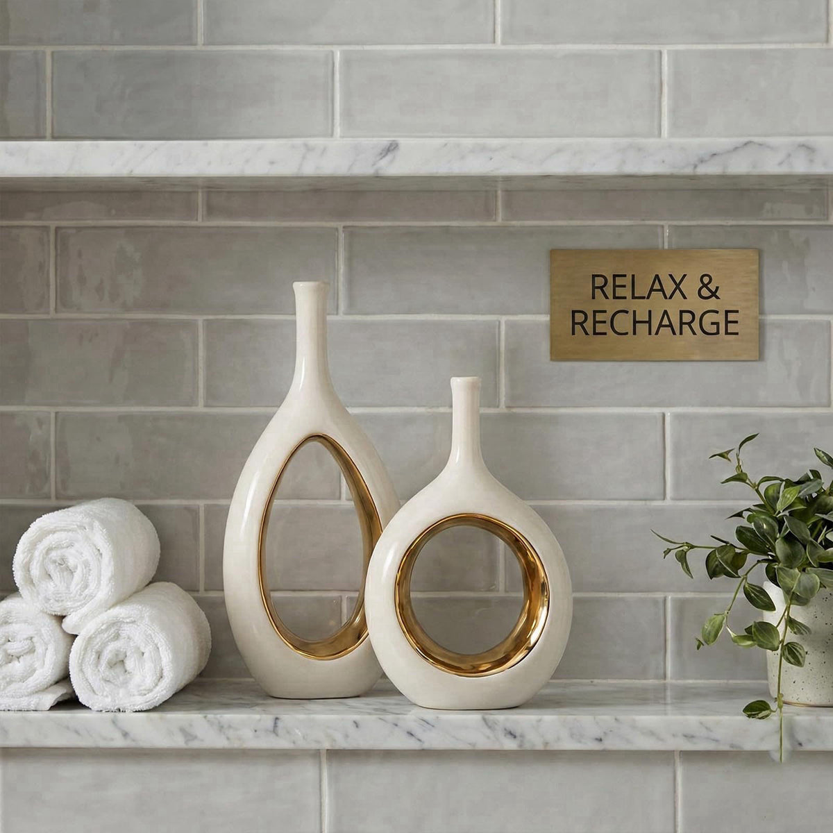 LCCCK White and Gold Vase Ceramic White Vases Home Decor,Modern Minimalist Circle with Hole Decorative Vase, Hollow Elli