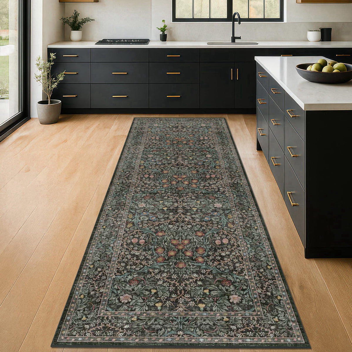 Hazo Haus Vintage Floral Dark Green Washable Runner Rug 2x6, Non Slip Kitchen Rug – product photo (Runners)