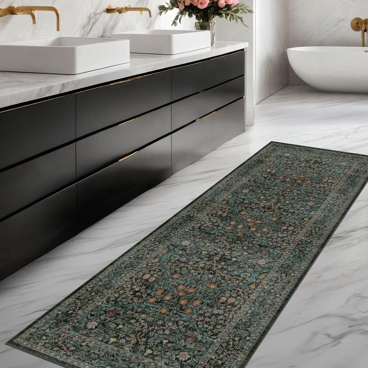 Hazo Haus Vintage Floral Dark Green Washable Runner Rug 2x6, Non Slip Kitchen Rug – packaging and label