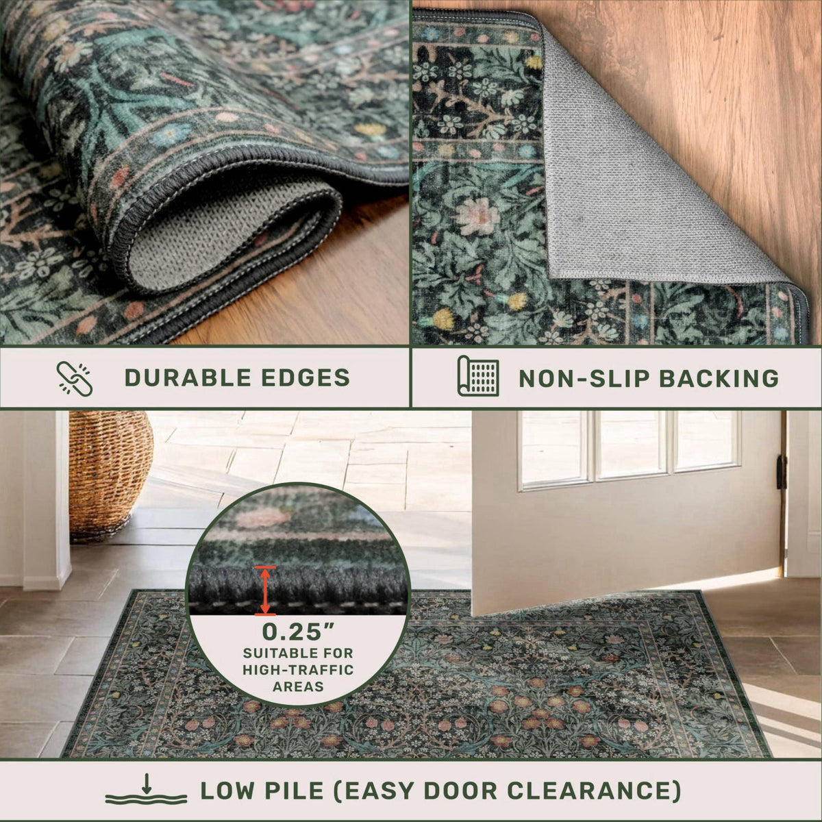 Hazo Haus Vintage Floral Dark Green Washable Runner Rug 2x6, Non Slip Kitchen Rug – back view and specifications