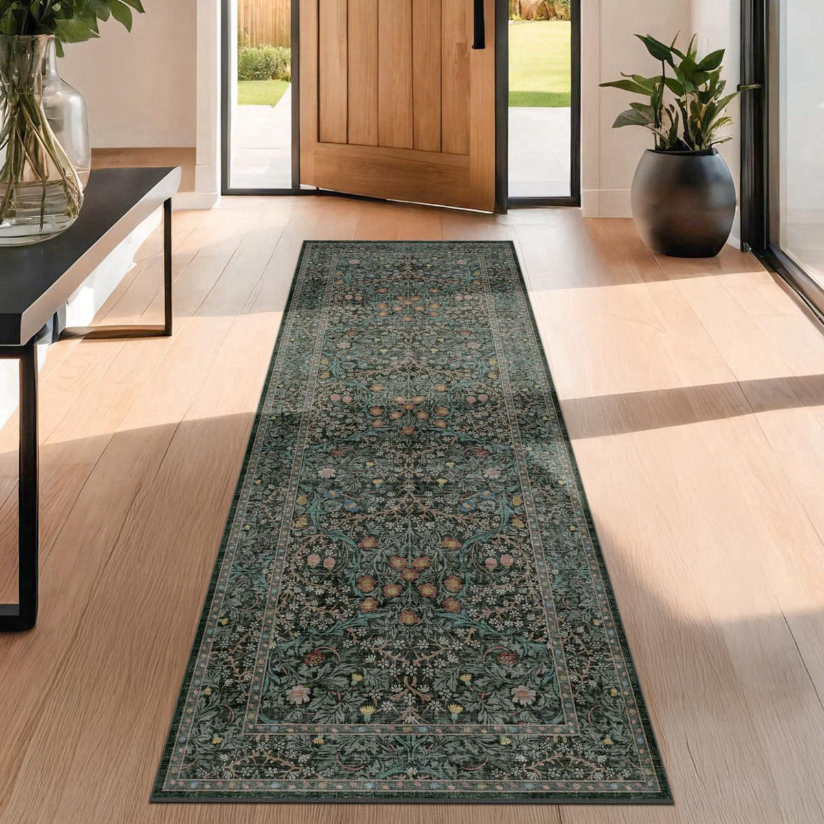 Hazo Haus Vintage Floral Dark Green Washable Runner Rug 2x6, Non Slip Kitchen Rug – alternate angle