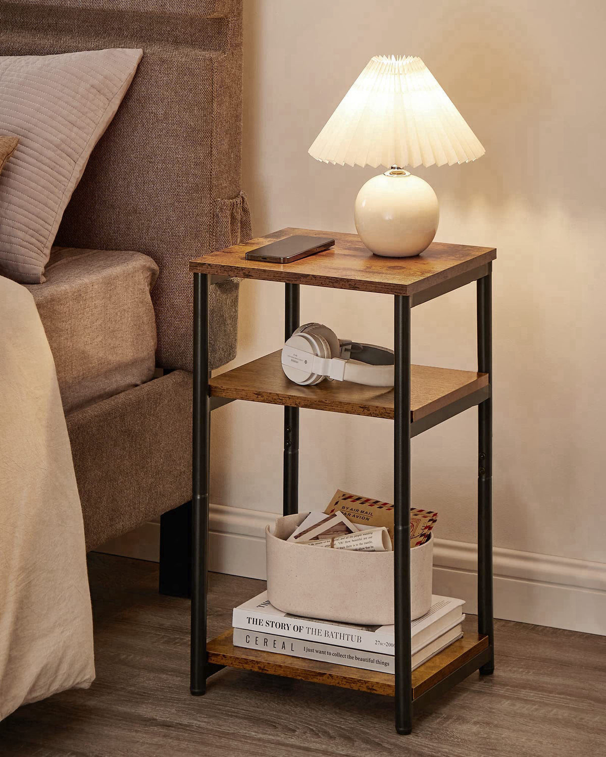 VASAGLE Side Table, Small End Table, Tall Nightstand, Steel Frame – full view