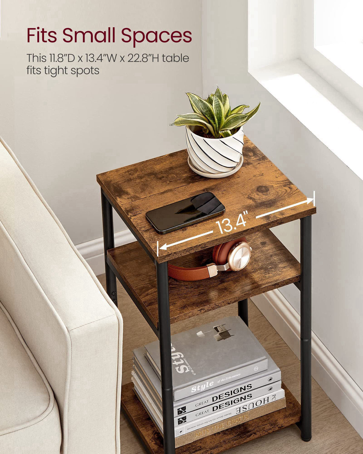 VASAGLE Side Table, Small End Table, Tall Nightstand, Steel Frame – alternate angle
