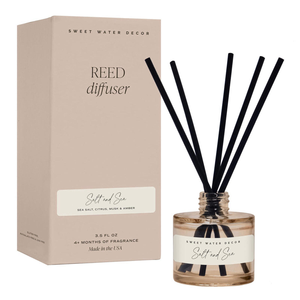 Sweet Water Decor Salt and Sea Reed Diffuser - Sea Salt, Citrus, Musk & Amber Scent - Long-Lasting 4 Month Home Fragranc