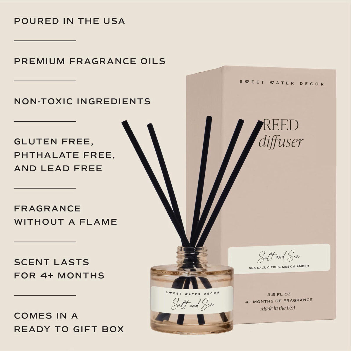Sweet Water Decor Salt and Sea Reed Diffuser - Sea Salt, Citrus, Musk & Amber Scent - Long-Lasting 4 Month Home Fragranc