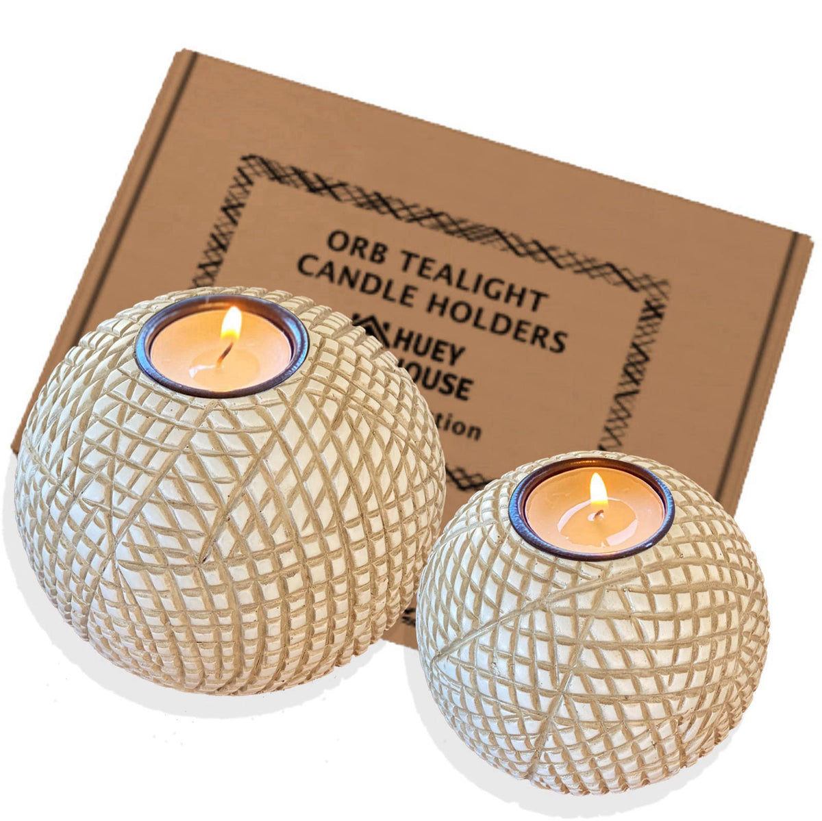 Huey House Luca Beige Orb Tea Light Candle Holders, Gift Boxed Set of 2 – packaging and label