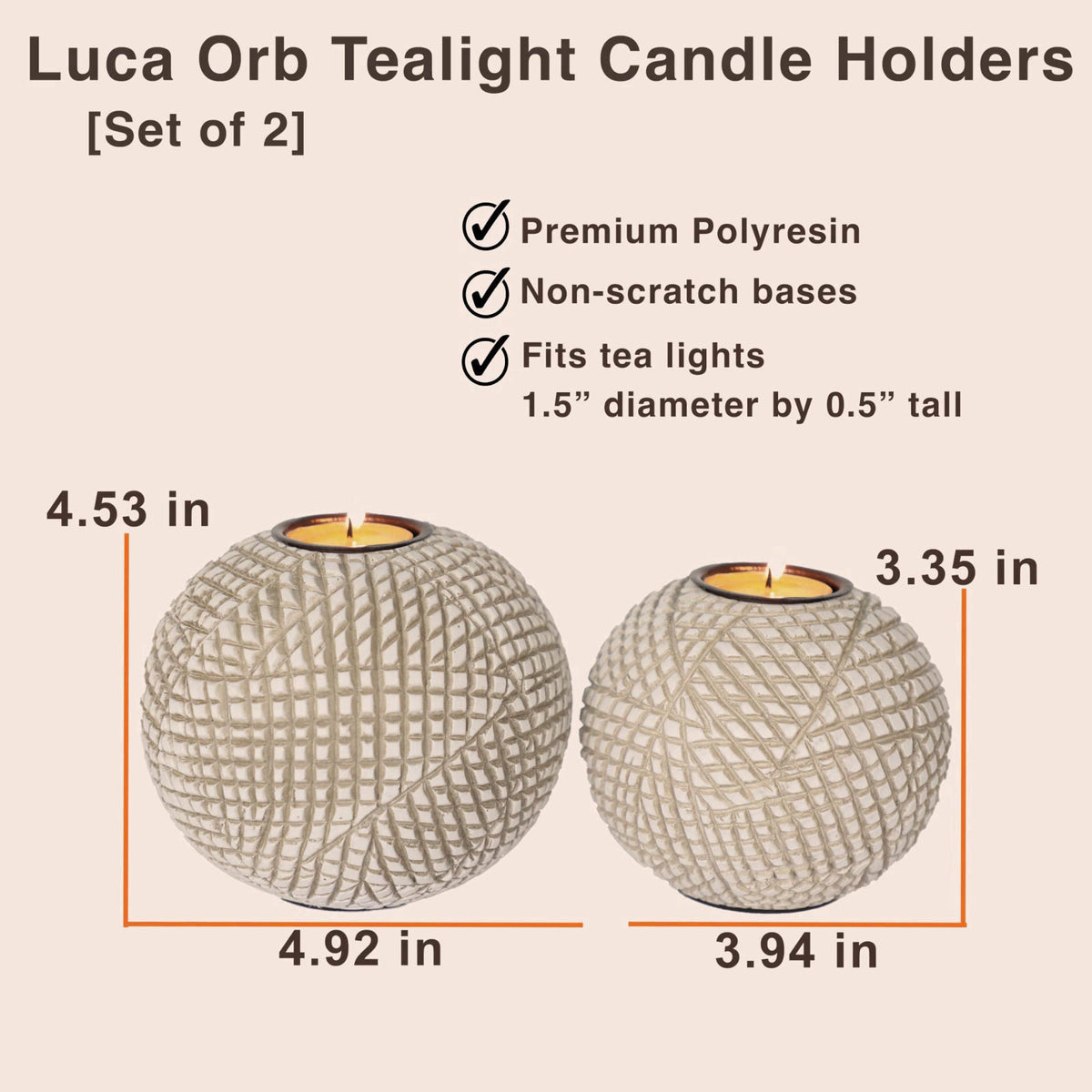 Huey House Luca Beige Orb Tea Light Candle Holders, Gift Boxed Set of 2 – full view