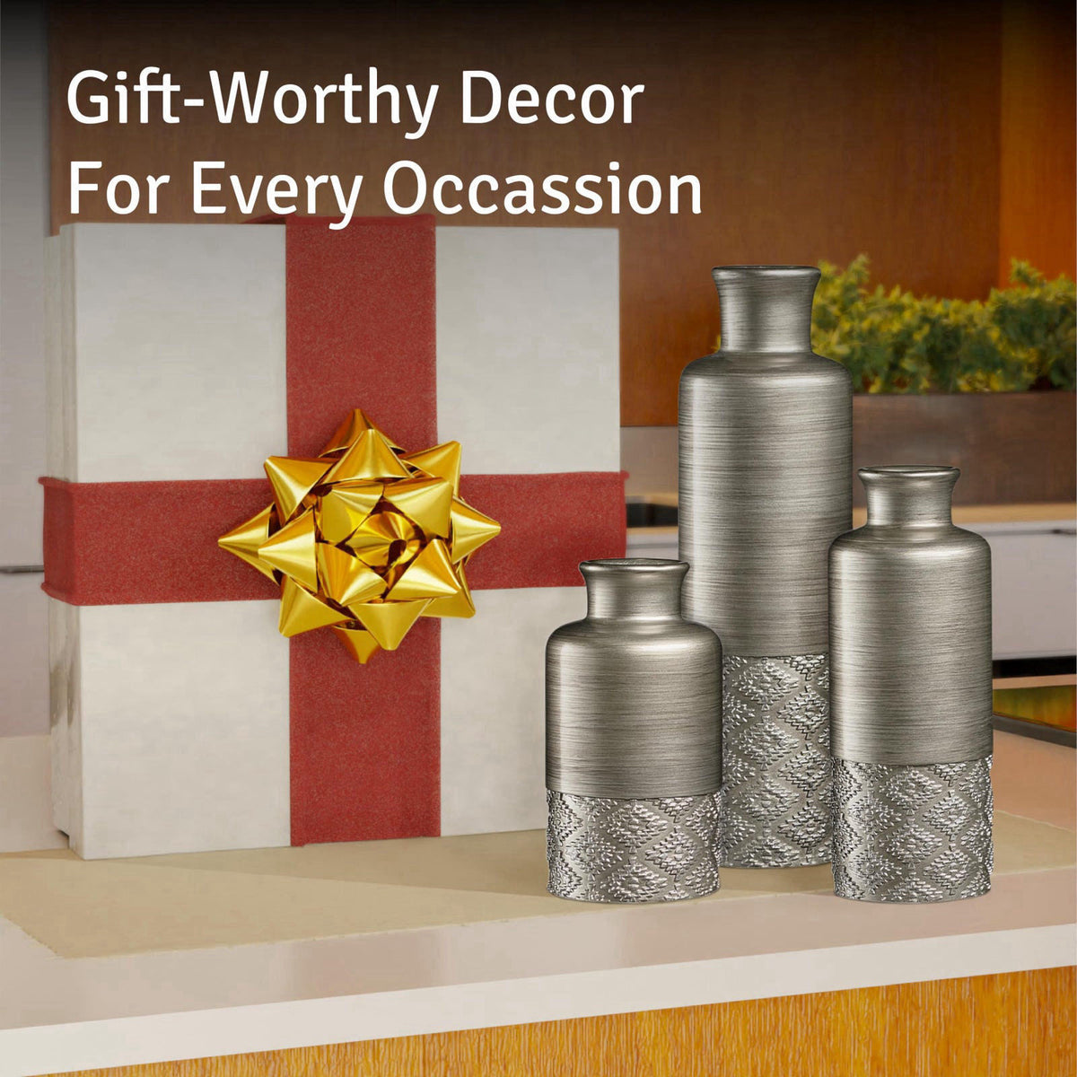 Creative Scents Dublin Silver Vases - Set of 3 Vases for Flowers, Decorative Vases, Farmhouse Decor, Premium Décor, Cent