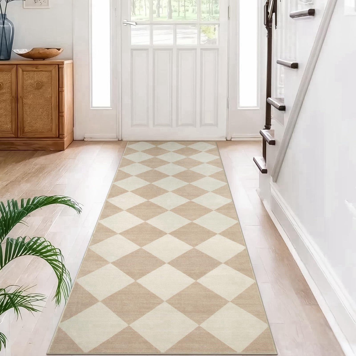 Beeiva Checkered Print Carpet Runners for Hallway 6ft, Beige Ultra Thin Washable Kitchen Runner Rug Non Slip, Moroccan P