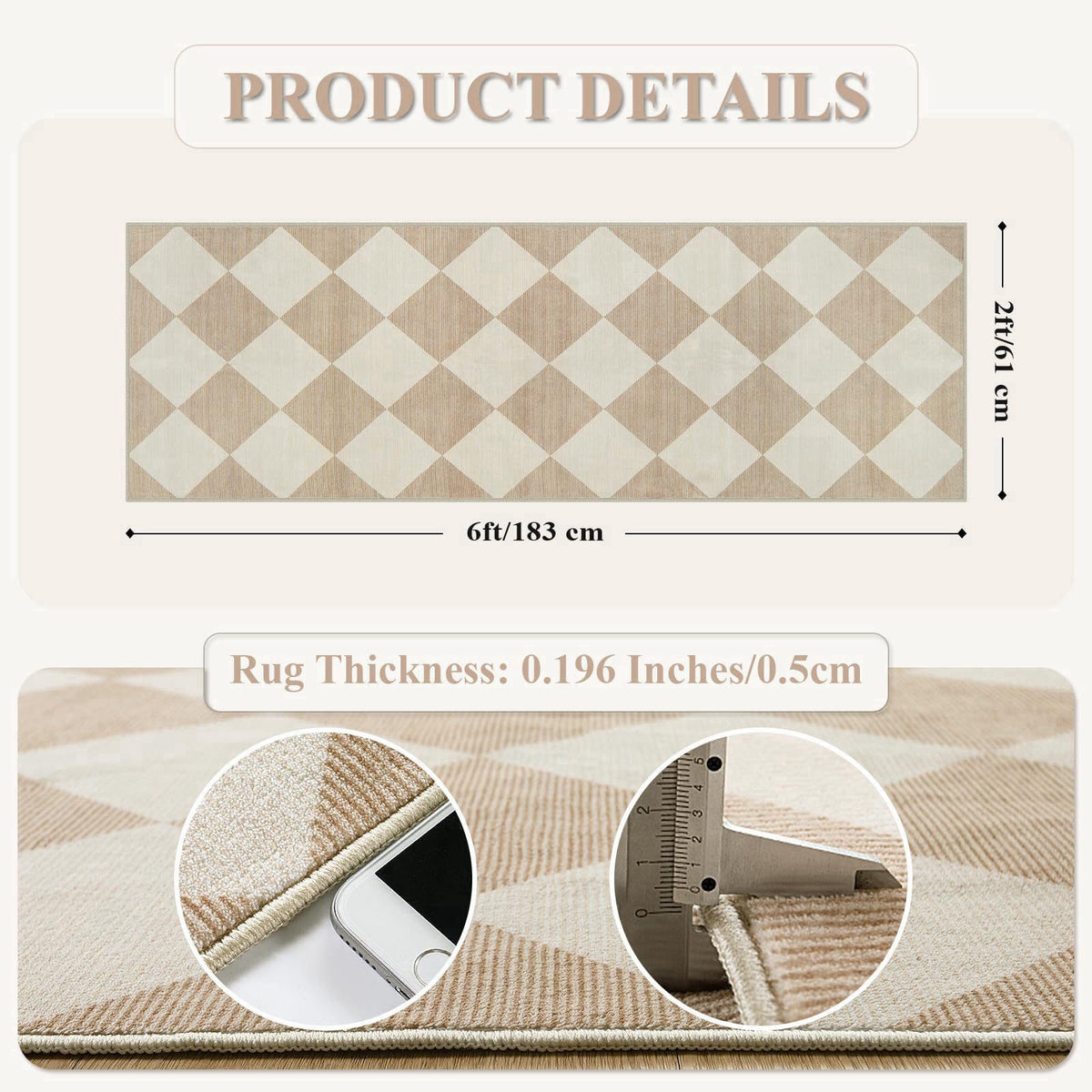 Beeiva Checkered Print Carpet Runners for Hallway 6ft, Beige Ultra Thin Washable Kitchen Runner Rug Non Slip, Moroccan P
