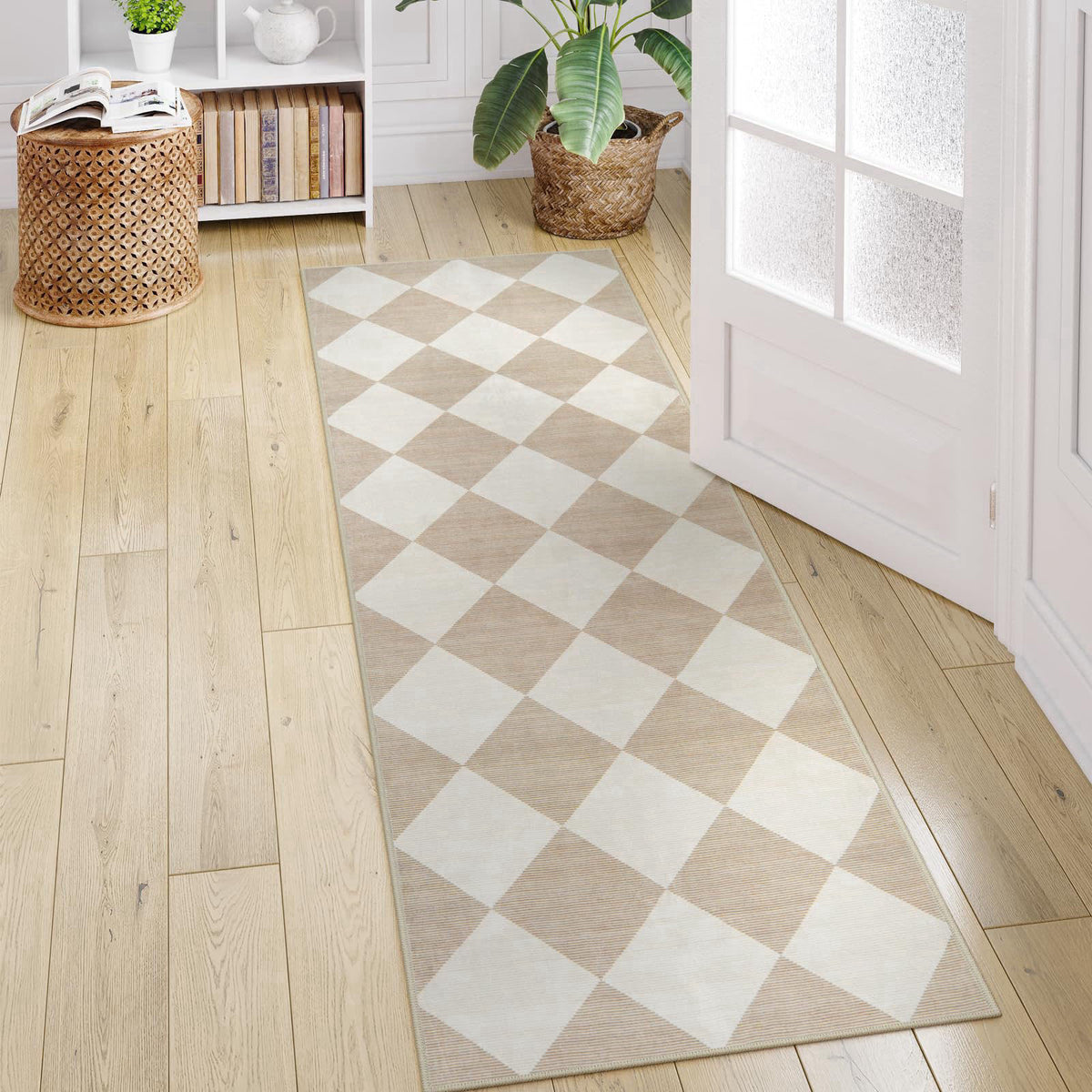 Beeiva Checkered Print Carpet Runners for Hallway 6ft, Beige Ultra Thin Washable Kitchen Runner Rug Non Slip, Moroccan P