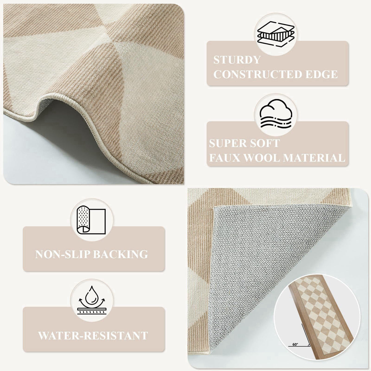 Beeiva Checkered Print Carpet Runners for Hallway 6ft, Beige Ultra Thin Washable Kitchen Runner Rug Non Slip, Moroccan P