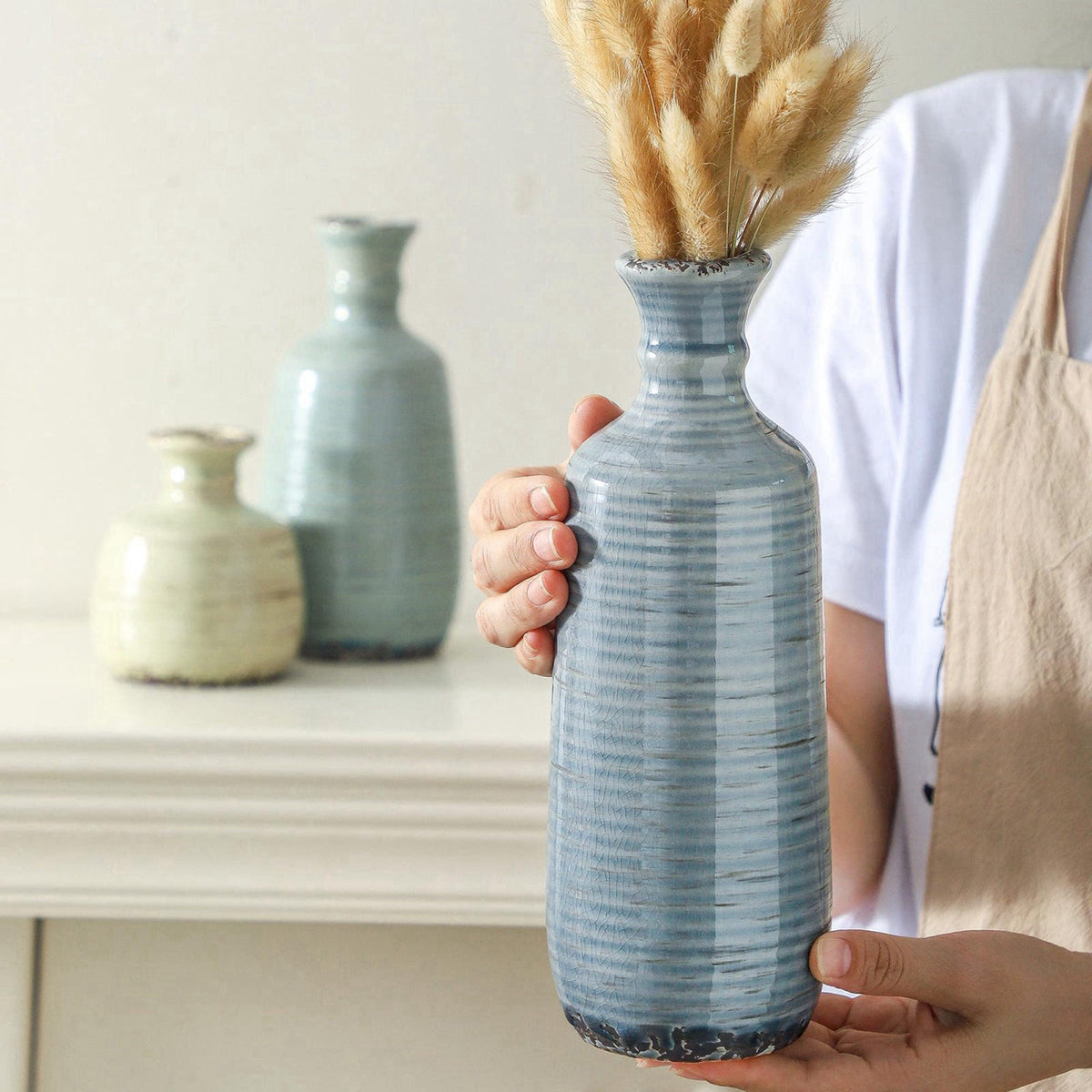 ooit Ceramic Vase Set of 3, Rustic Neutral Vases Home Decor Farmhouse Decorative Flower Vase Modern Boho Pampass Vases f