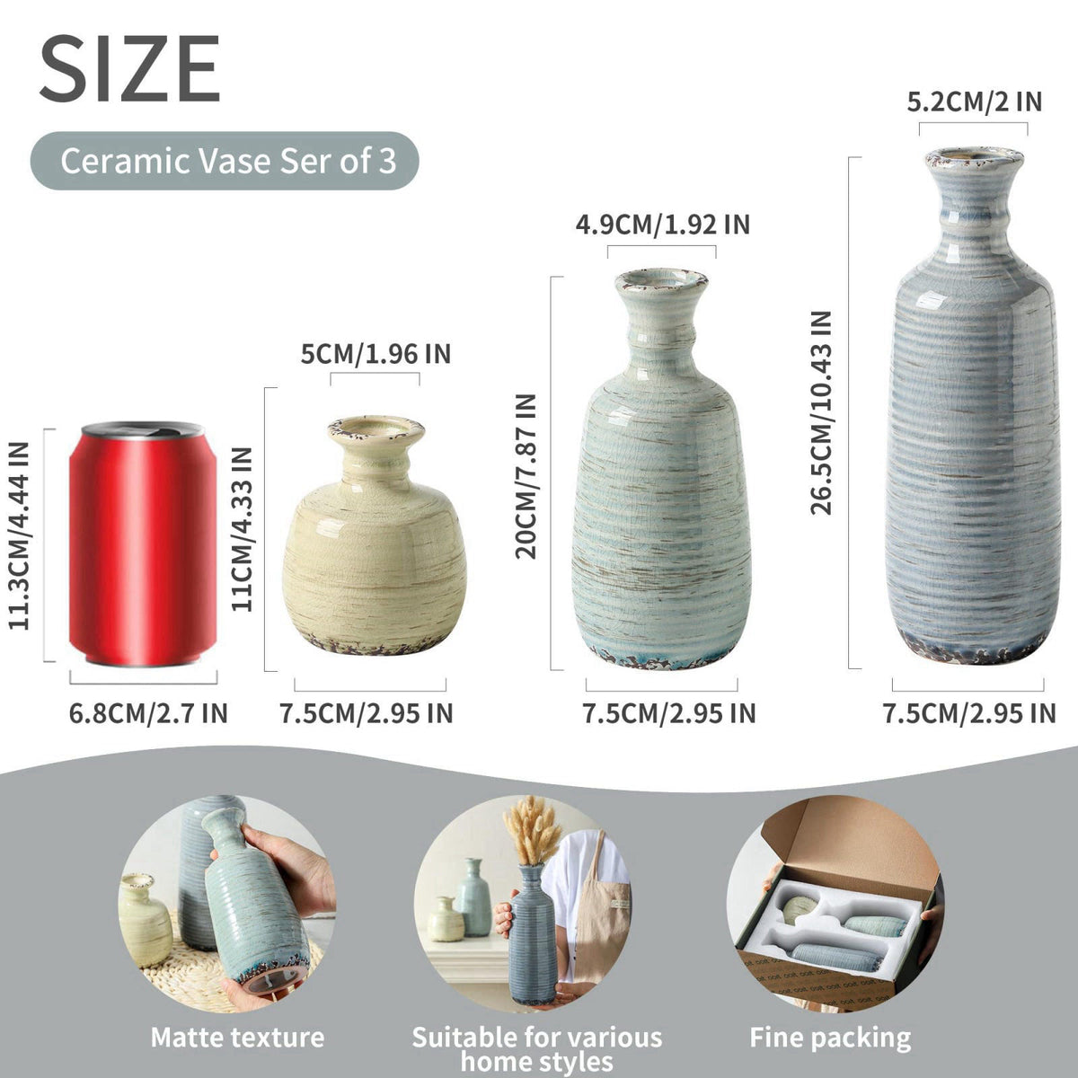 ooit Ceramic Vase Set of 3, Rustic Neutral Vases Home Decor Farmhouse Decorative Flower Vase Modern Boho Pampass Vases f