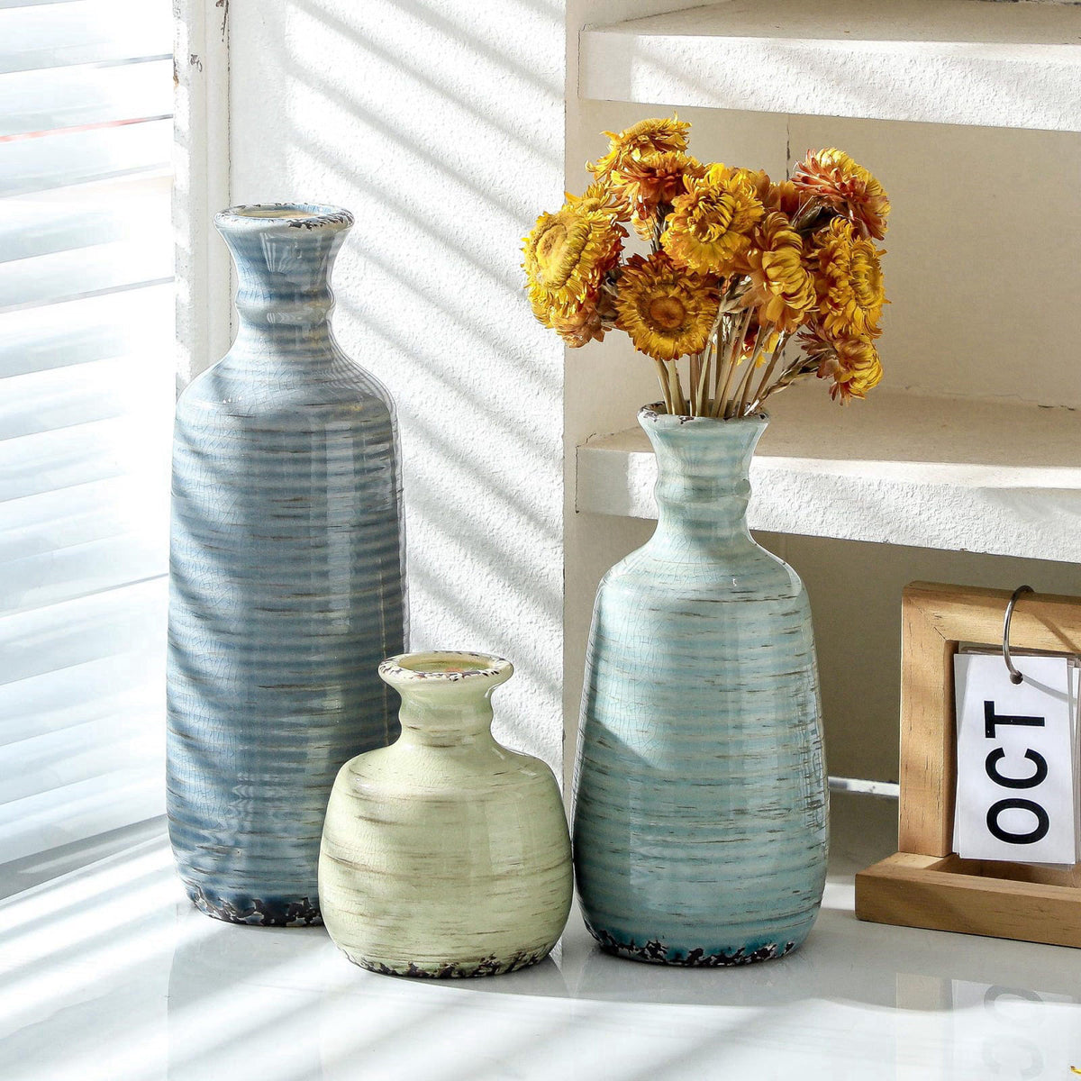 ooit Ceramic Vase Set of 3, Rustic Neutral Vases Home Decor Farmhouse Decorative Flower Vase Modern Boho Pampass Vases f