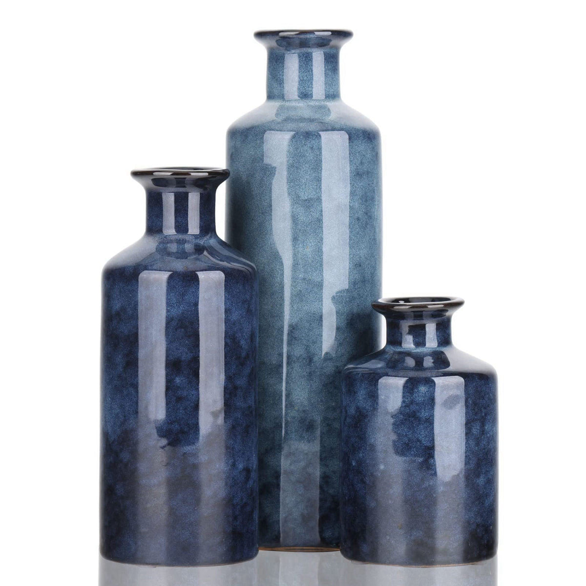 QIANLING Blue Ceramic Vase Set - 3 Blue Small Vases, Farmhouse Country Flower Vase Home Decor, Living Room Decoration, T