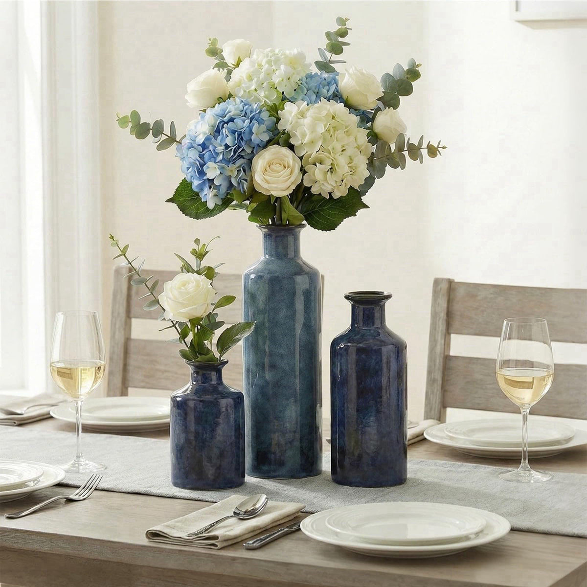 QIANLING Blue Ceramic Vase Set - 3 Blue Small Vases, Farmhouse Country Flower Vase Home Decor, Living Room Decoration, T