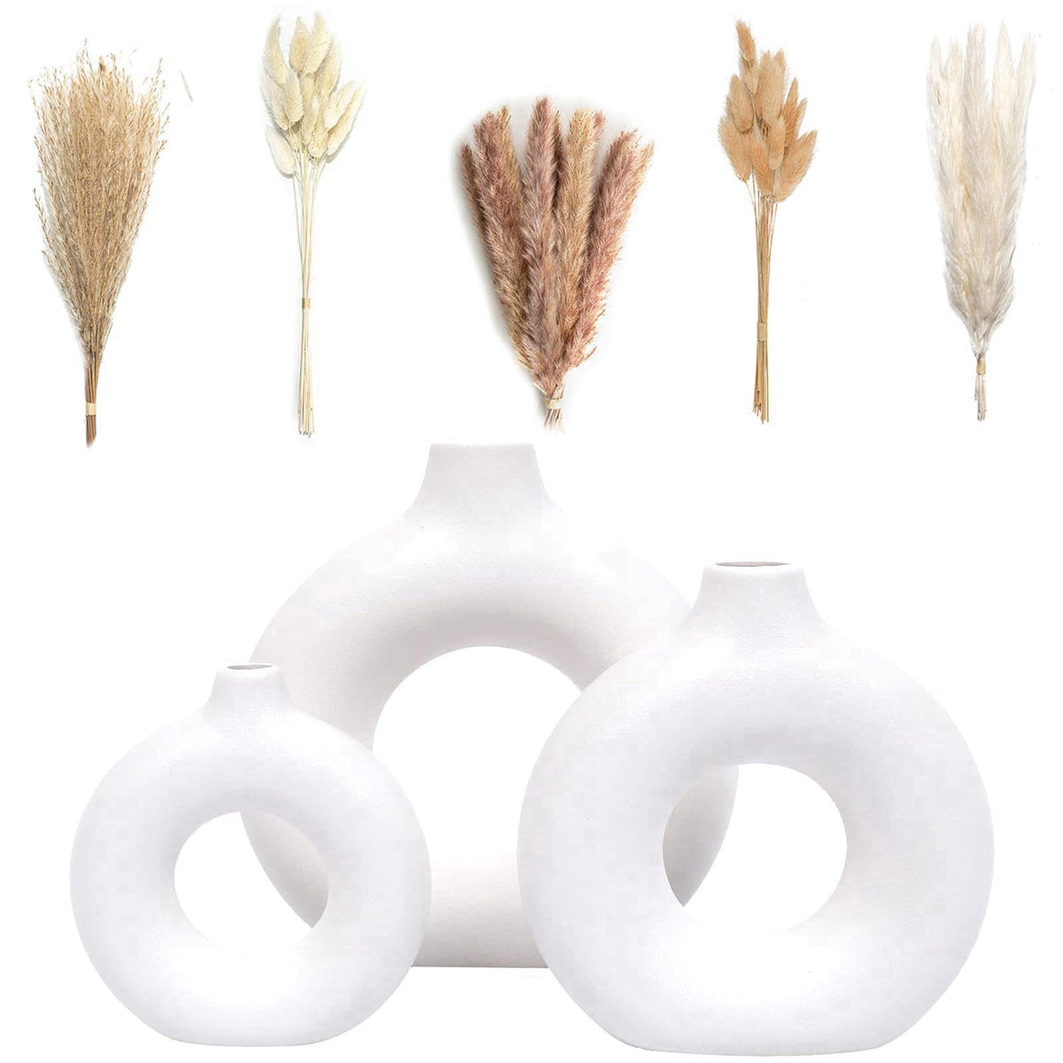 VELOVA Set of 3 White Ceramic Vase with 65 PCS Dried Pampas Grass Flowers Aesthetic Boho Modern Small Round Cute Vases f