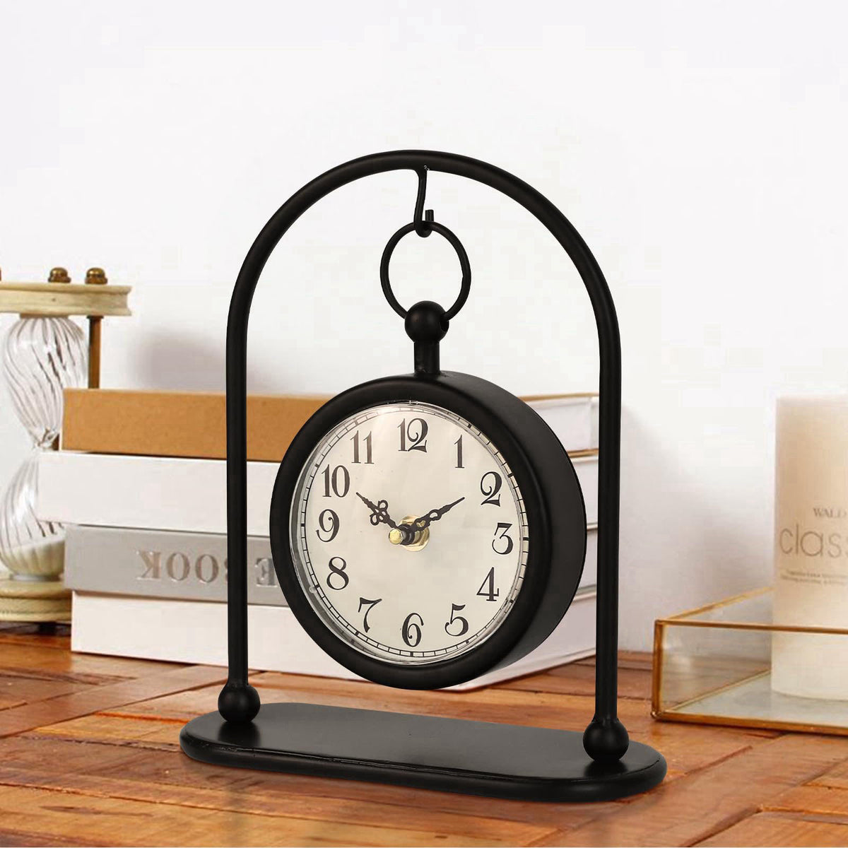 JUMBO DECOR Vintage Metal Table Clock, Farmhouse Table Clock, Small Black Silent Non-Ticking Battery Operated Desk and S