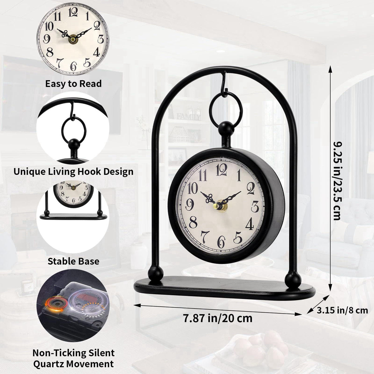 JUMBO DECOR Vintage Metal Table Clock, Farmhouse Table Clock, Small Black Silent Non-Ticking Battery Operated Desk and S
