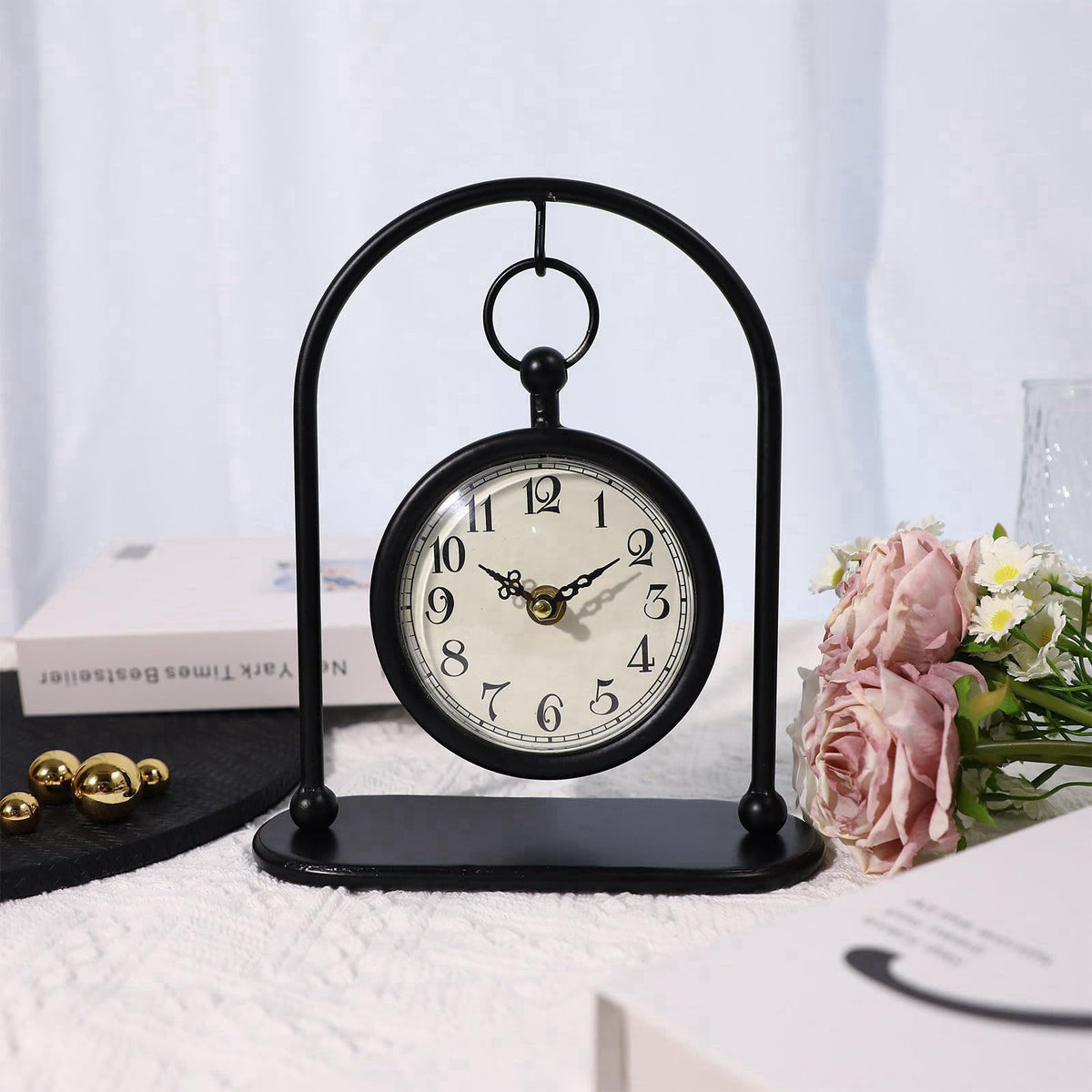 JUMBO DECOR Vintage Metal Table Clock, Farmhouse Table Clock, Small Black Silent Non-Ticking Battery Operated Desk and S