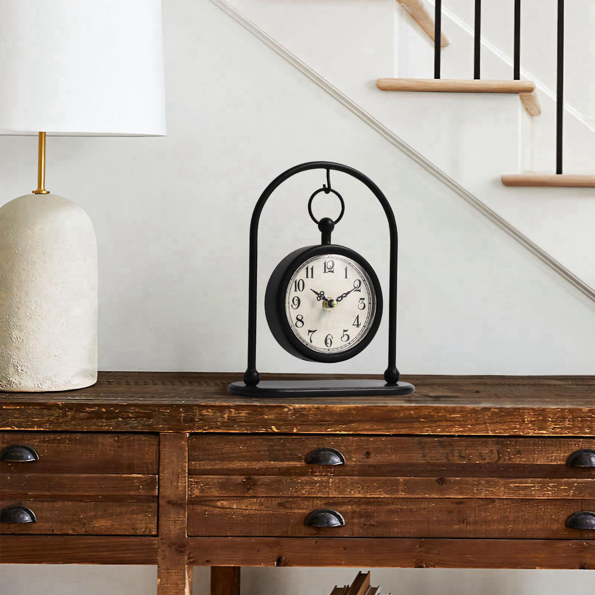 JUMBO DECOR Vintage Metal Table Clock, Farmhouse Table Clock, Small Black Silent Non-Ticking Battery Operated Desk and S