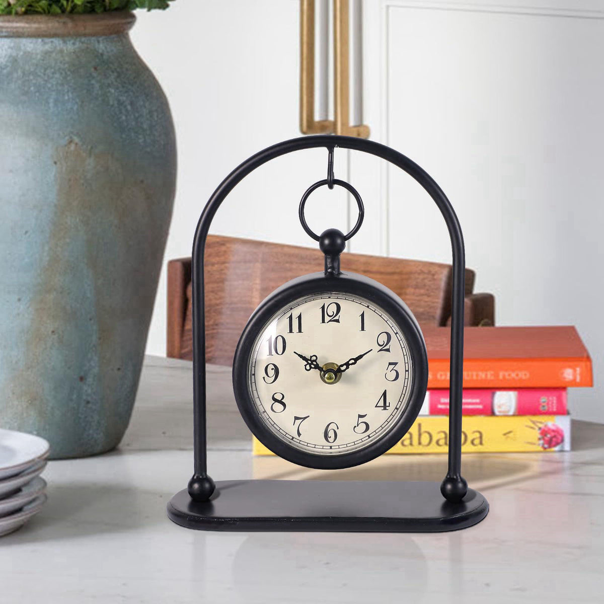 JUMBO DECOR Vintage Metal Table Clock, Farmhouse Table Clock, Small Black Silent Non-Ticking Battery Operated Desk and S