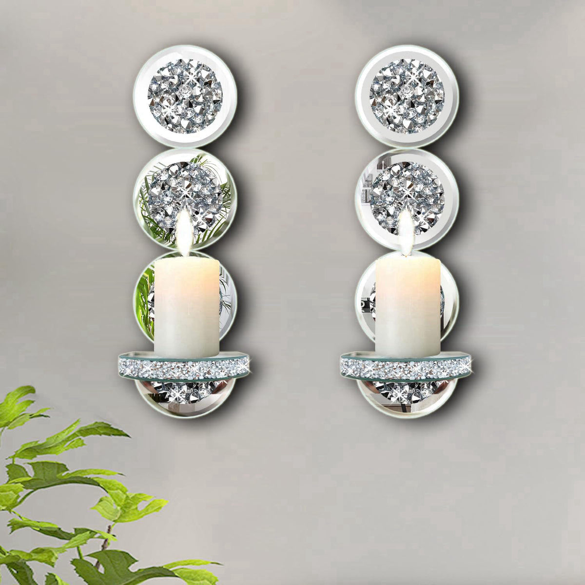 ZOLAPI Set of 2 Crystal Crush Diamond Candle Sconces, Gorgeous Silver Mirrored Wall Sconce, Round Candle Holder Glass Wa