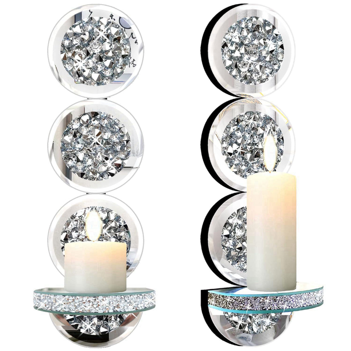 ZOLAPI Set of 2 Crystal Crush Diamond Candle Sconces, Gorgeous Silver Mirrored Wall Sconce, Round Candle Holder Glass Wa