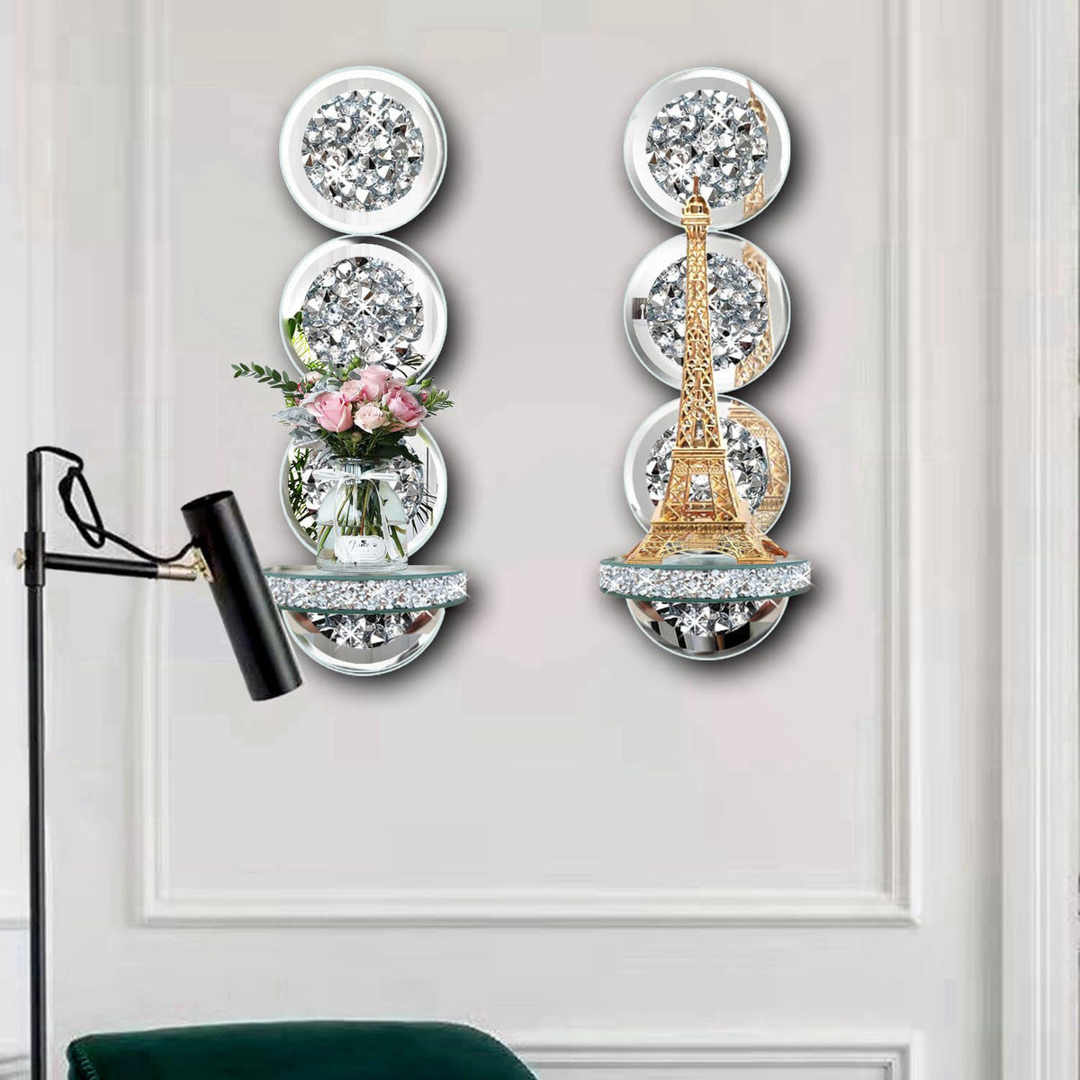 ZOLAPI Set of 2 Crystal Crush Diamond Candle Sconces, Gorgeous Silver Mirrored Wall Sconce, Round Candle Holder Glass Wa