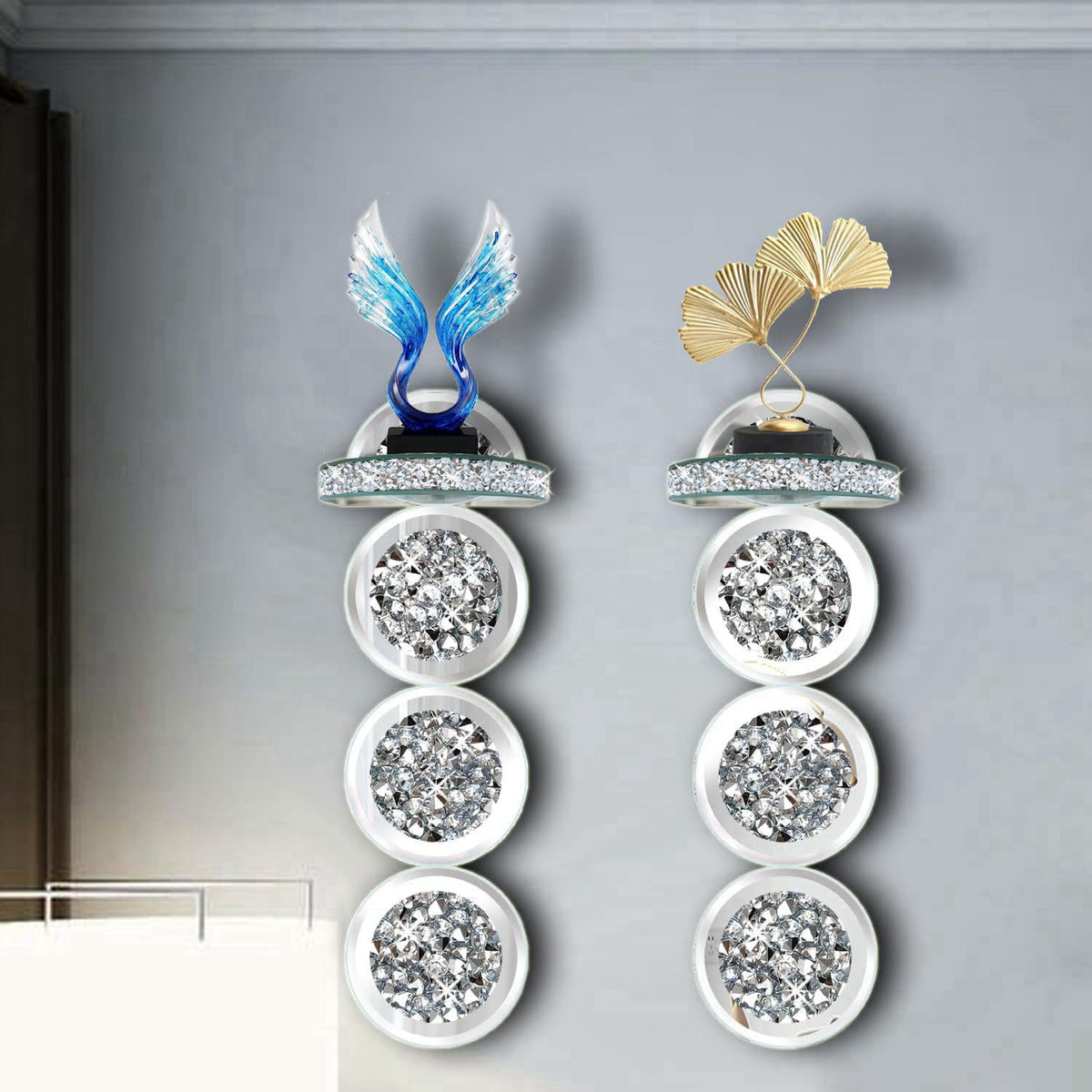 ZOLAPI Set of 2 Crystal Crush Diamond Candle Sconces, Gorgeous Silver Mirrored Wall Sconce, Round Candle Holder Glass Wa