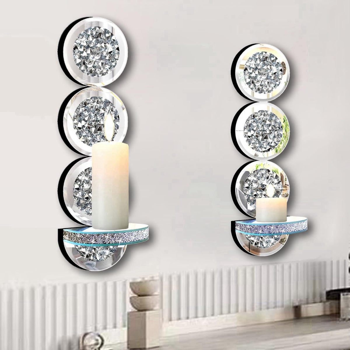 ZOLAPI Set of 2 Crystal Crush Diamond Candle Sconces, Gorgeous Silver Mirrored Wall Sconce, Round Candle Holder Glass Wa