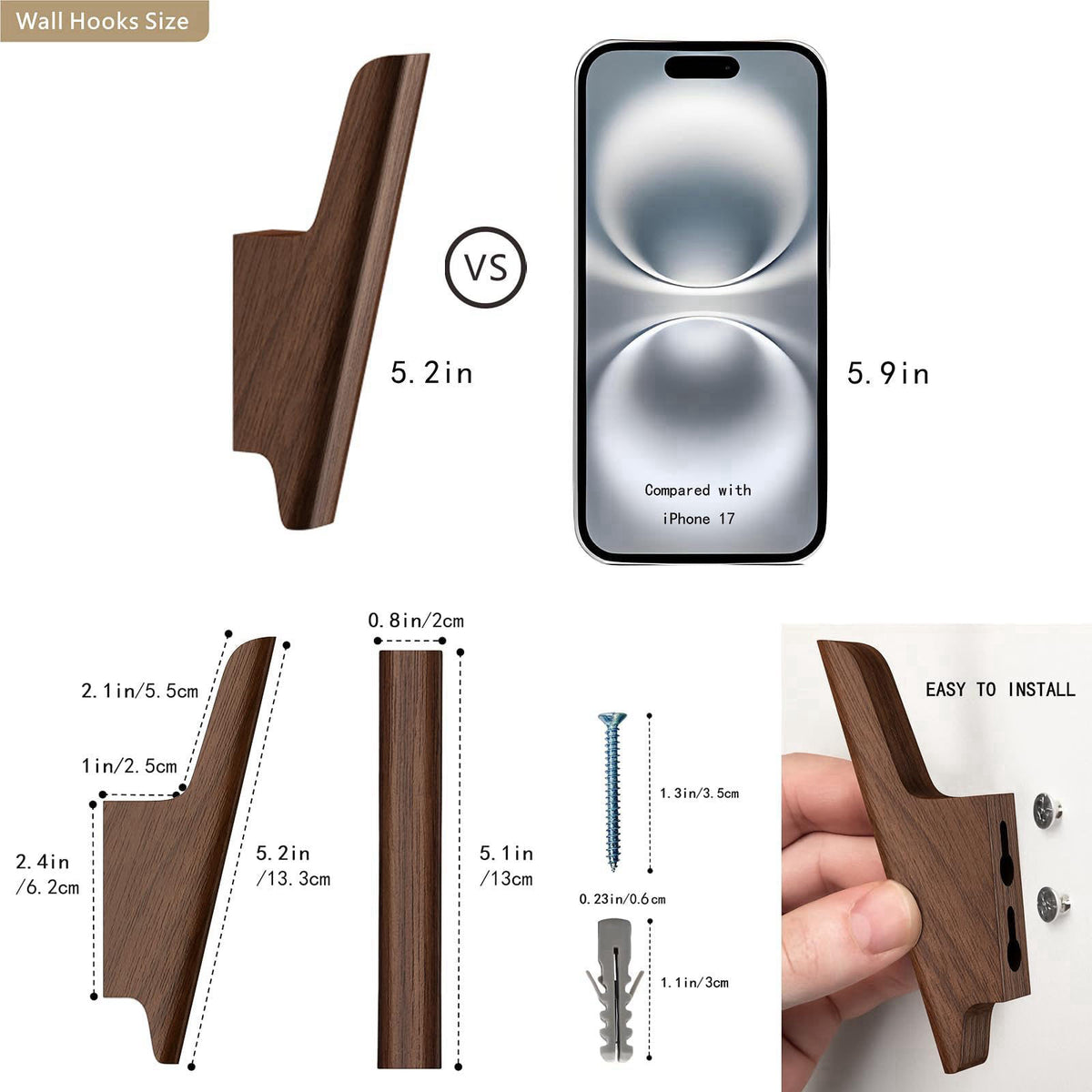 FCOWK Wood Wall Hooks 4 Pack Coat Hooks Wall Mount, Towel Hooks for Bathrooms – packaging and label