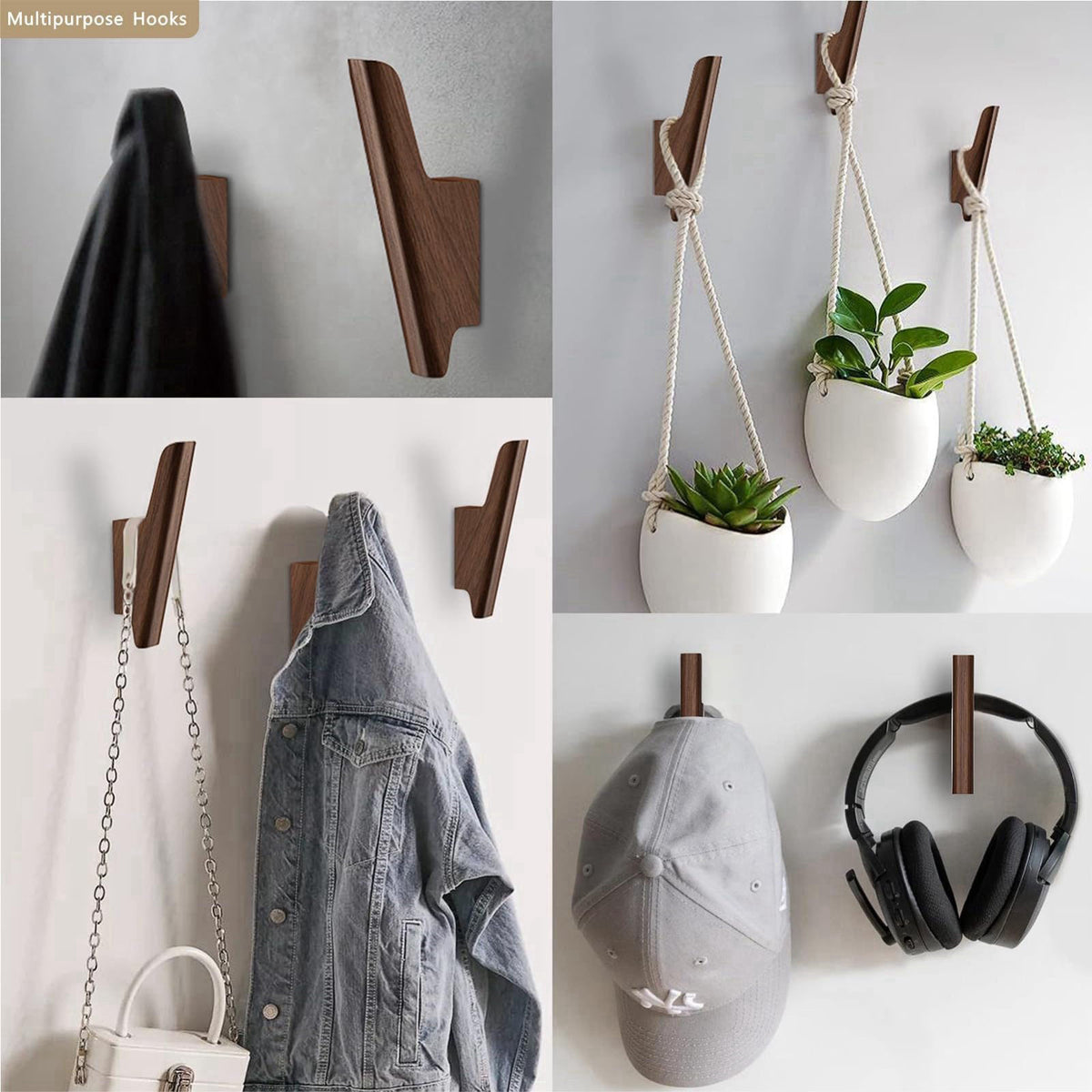 FCOWK Wood Wall Hooks 4 Pack Coat Hooks Wall Mount, Towel Hooks for Bathrooms – back view and specifications