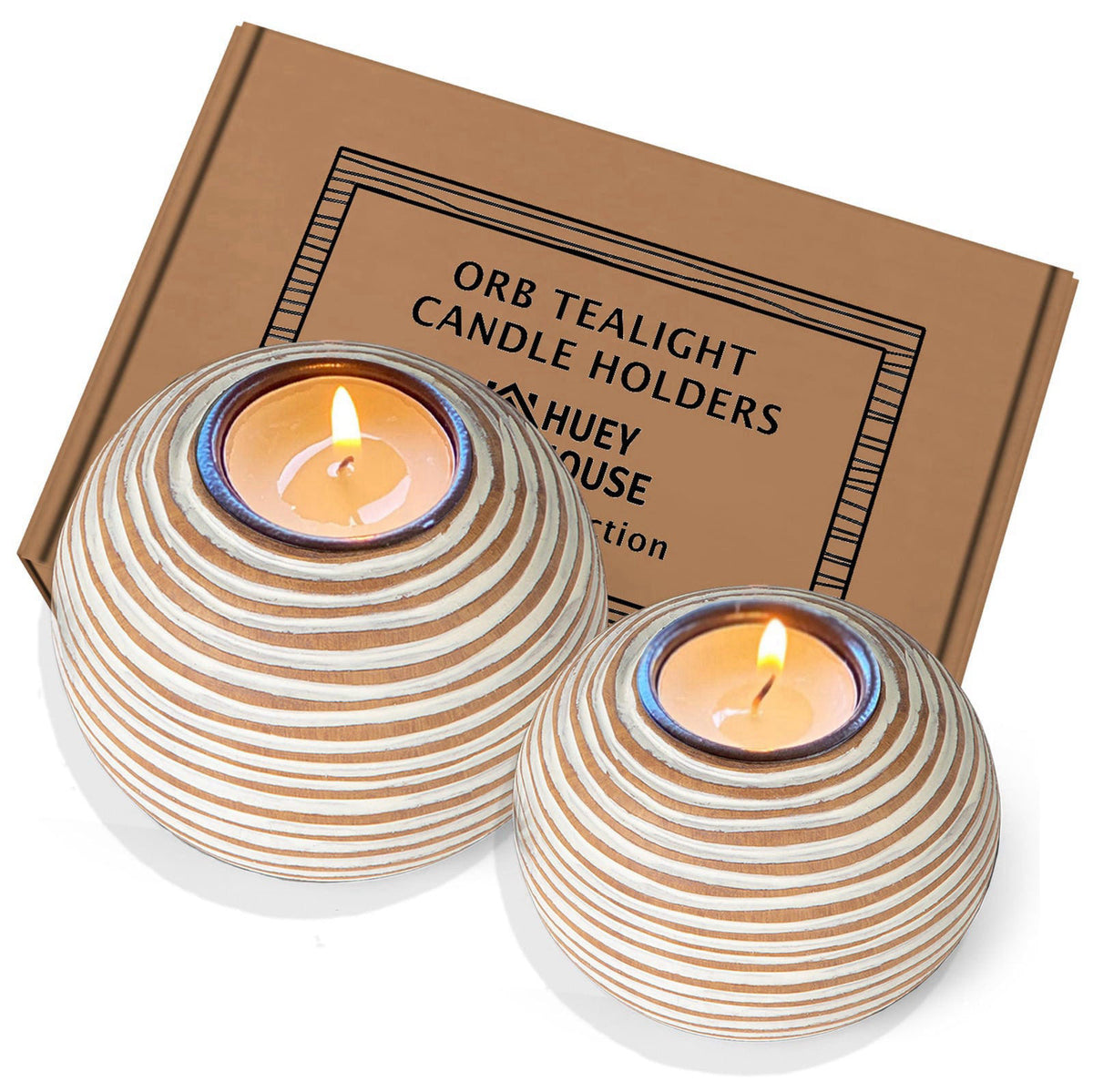 Huey House Tuva Brown Orb Tea Light Candle Holders, Gift Boxed Set of 2 – product photo (Candleholder Sets)