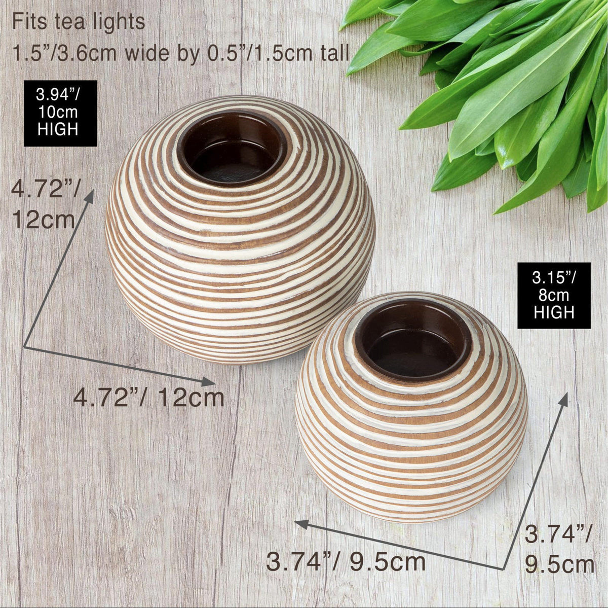 Huey House Tuva Brown Orb Tea Light Candle Holders, Gift Boxed Set of 2 – full view