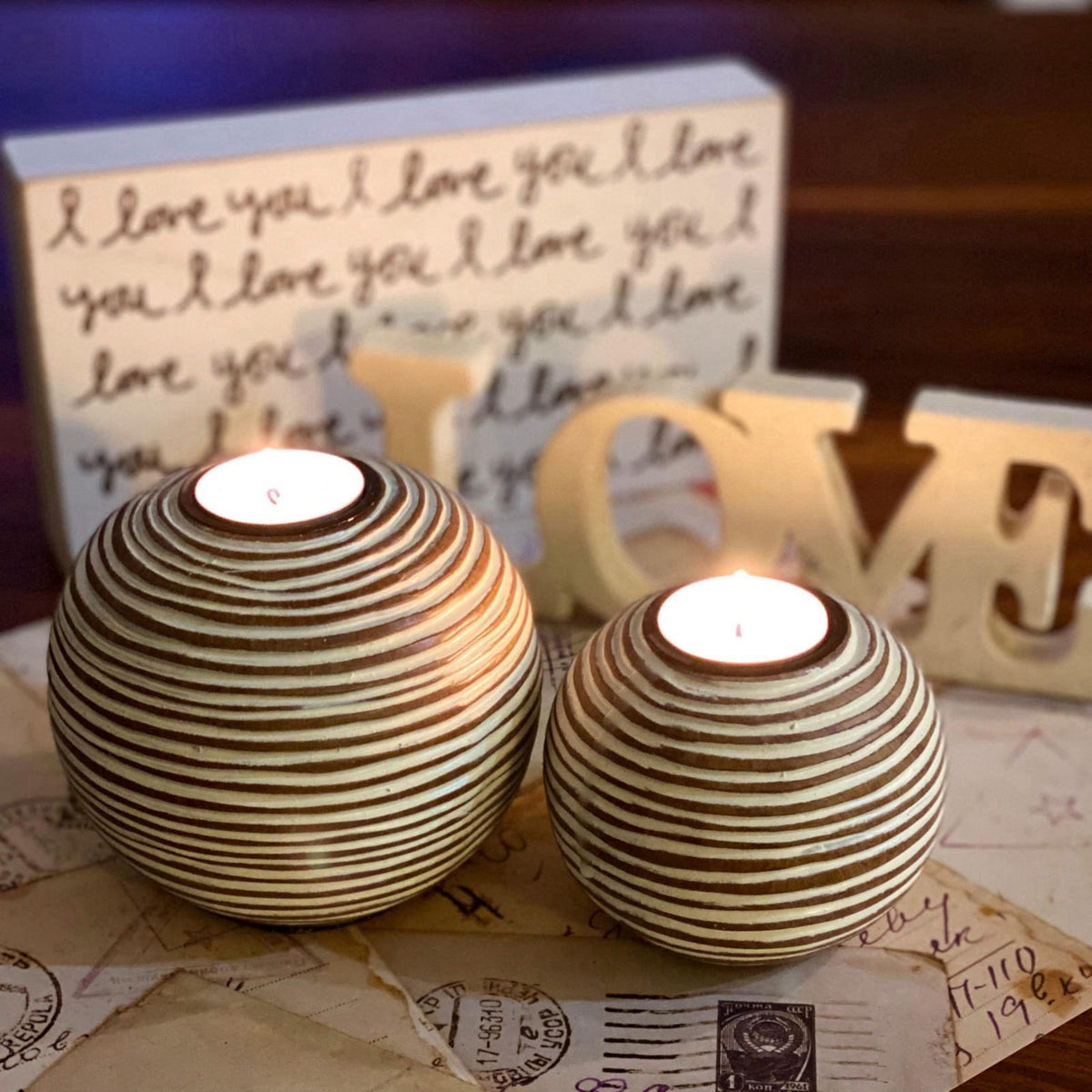 Huey House Tuva Brown Orb Tea Light Candle Holders, Gift Boxed Set of 2 – back view and specifications