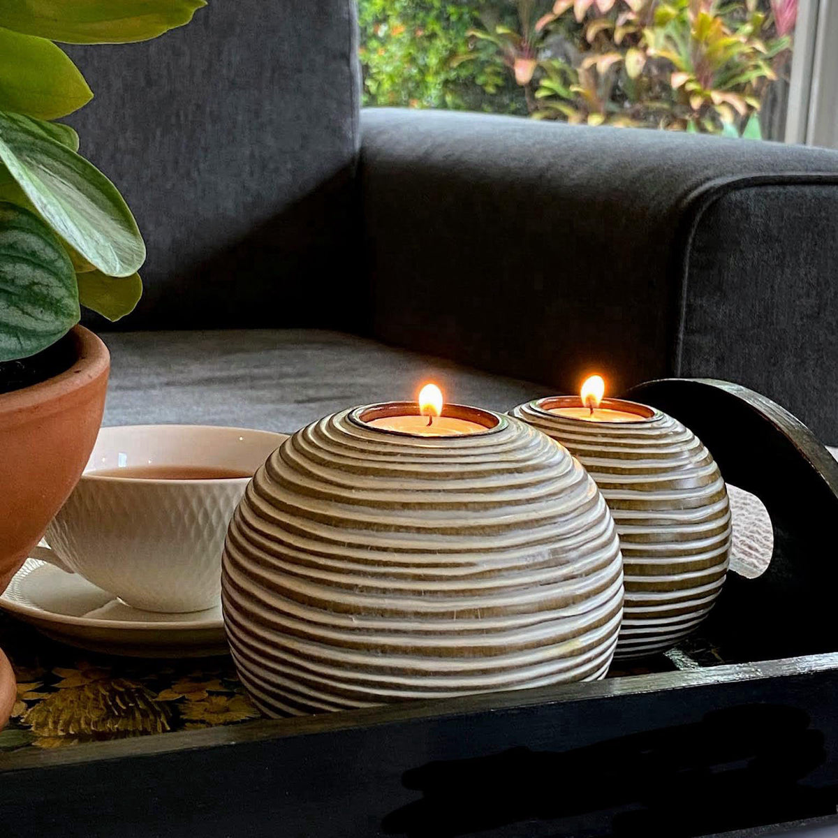 Huey House Tuva Brown Orb Tea Light Candle Holders, Gift Boxed Set of 2 – alternate angle