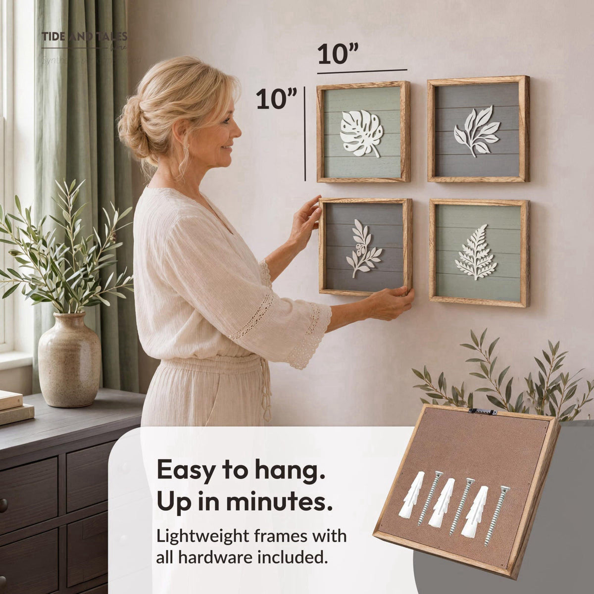 Tide and Tales 3D Botanical Leaf Wall Art, Set of 4, Bedroom Wall Art – packaging and label