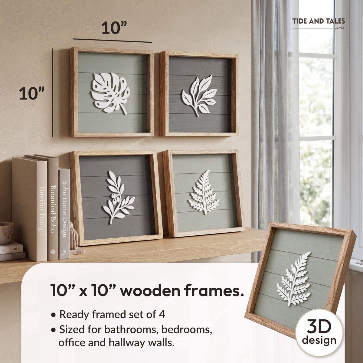 Tide and Tales 3D Botanical Leaf Wall Art, Set of 4, Bedroom Wall Art – back view and specifications