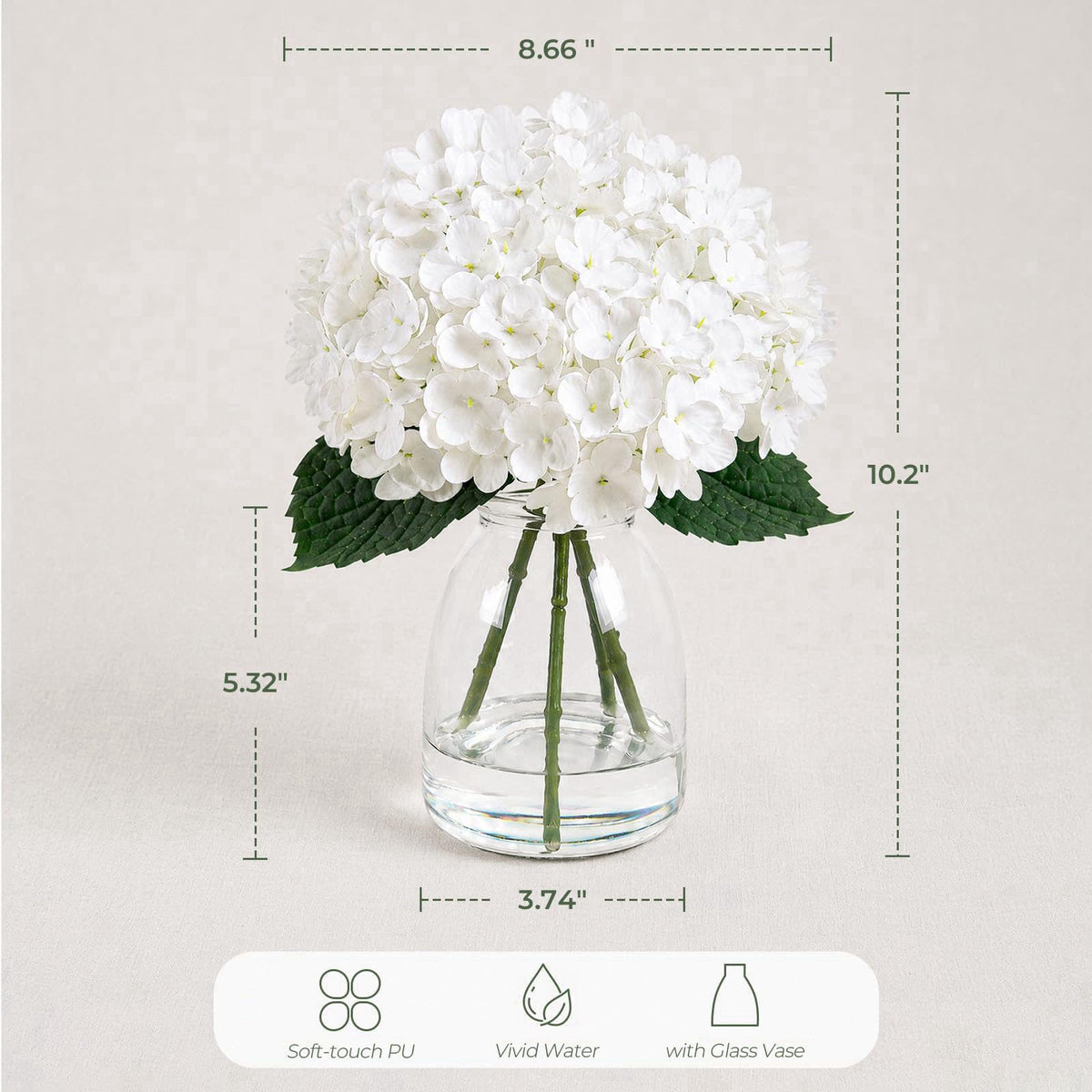 FLEURIFI Hydrangea Artificial Flowers in Vase Fake Flowers for Home Decor – close-up detail in White
