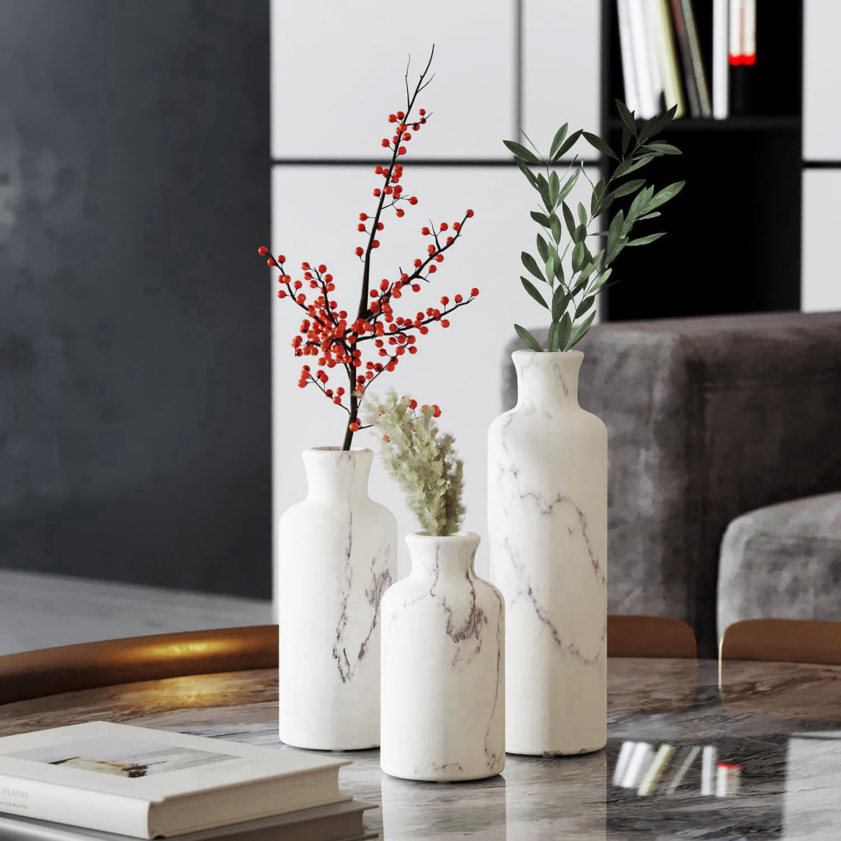 Creative Scents White Marble Look Vases Home Decor - Vase Set of 3 - Perfect for Holding Pampas Grass, Dried/Fresh Flowe